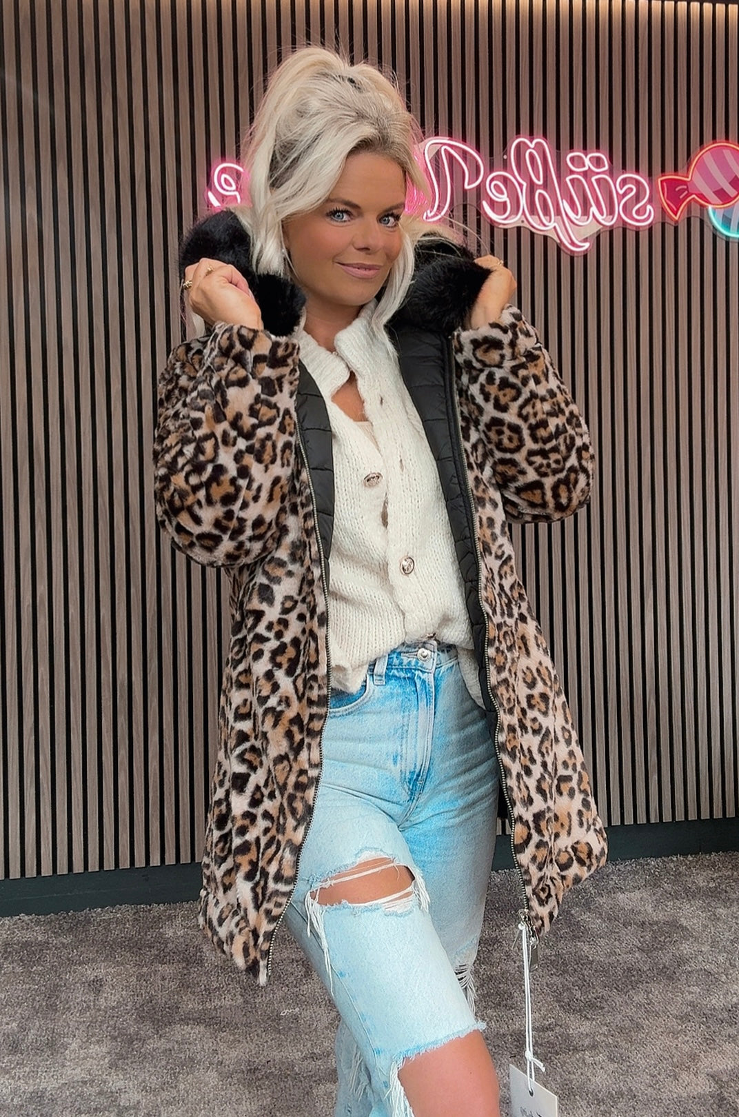 Winter Wende Steppjacke mit Leo und Kunstfellkapuze 8678 verschiedene Grössen