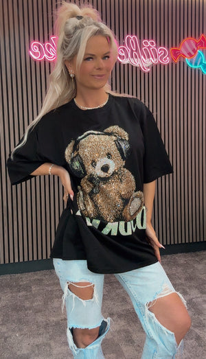 T-Shirt Bär mit Kopfhörer Schwarz Glitzer