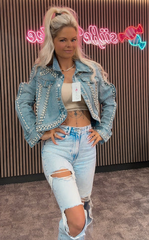 Stylische Jeansjacke mit Perlen und Strass 33031