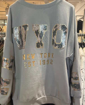 Pulli Grau mit New York in Glitzer D106