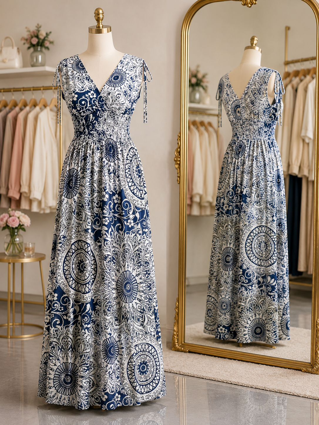 Maxi Kleid Weiss Beige Blau 0810