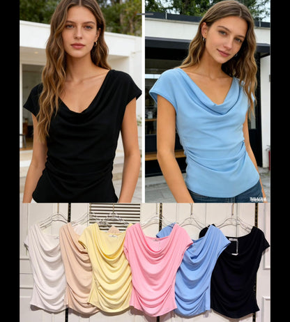 ✨ Elegantes Wasserfall Damen Top – Figurbetontes Kurzarm Shirt mit Drapierung XS  bis 42 tragbar 2063