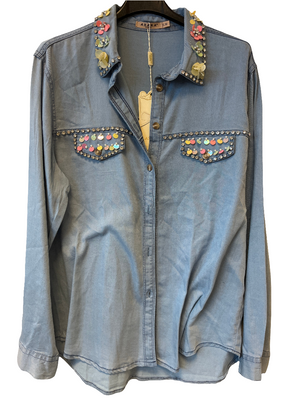 Jeansbluse mit bunten Pailletten 18950