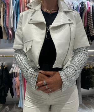 Leder Jacke Weiß mit Glitzer an den Armen A114