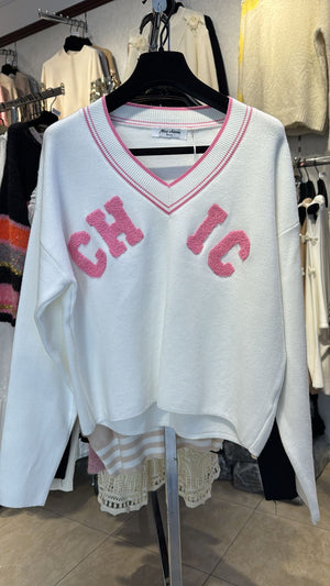 Pullover V Ausschnitt CHIC Weiss Rosa