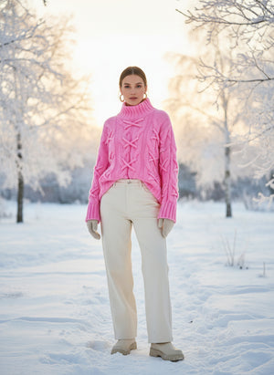 Strickpullover Rosa mit vielen Schleifen