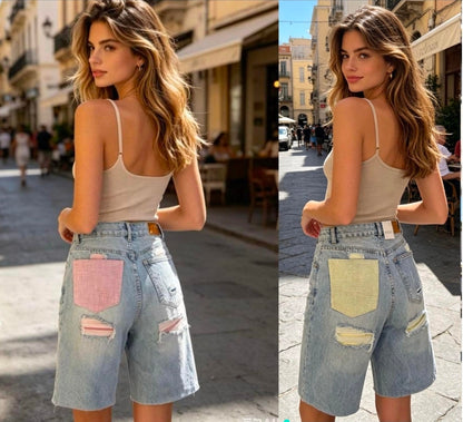 Kurze Glitzer Jeans mit farbiger Tasche verschiedne Grössen und Farben F88