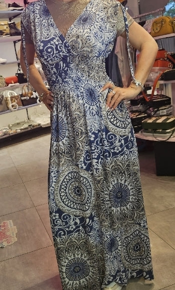 Maxi Kleid Weiss Beige Blau 0810