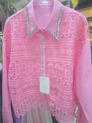 Bluse mit viel Glitzer am Kragen Rosa 6268