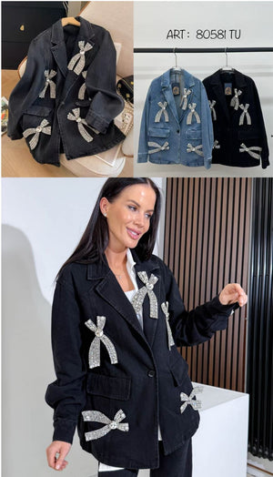 Jeans Jacke mit Schleife mit Strass Schwarz